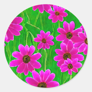 Bright Green and Pink Flower Pattern Classic Round Sticker