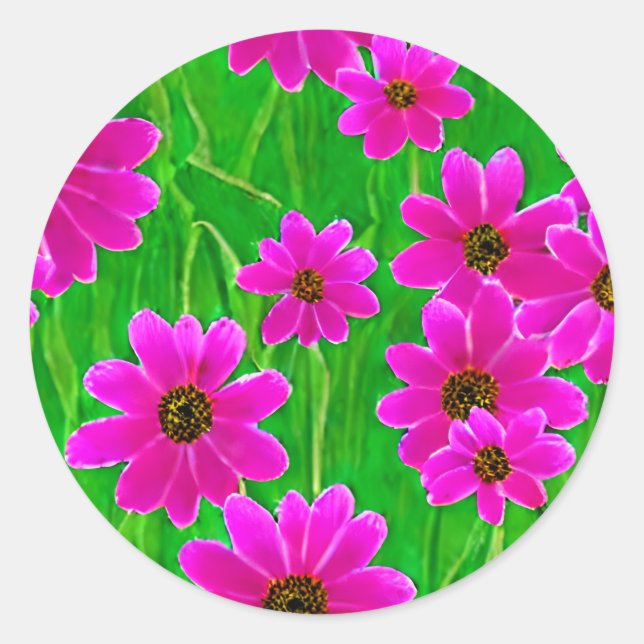 Bright Green and Pink Flower Pattern  Classic Round Sticker (Front)