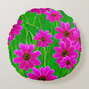 Bright Green and Pink Flower Pattern  Round Pillow