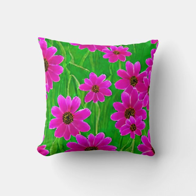 Bright Green and Pink Flower Pattern Throw Pillow (Front)