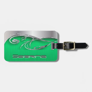 Bright Green and Silver Decorative Metallic Print Luggage Tag