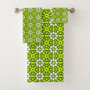 Bright green and white floral patterned bath towel set