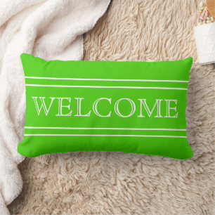 Bright Green and White Stripe Welcome Personalized Lumbar Pillow