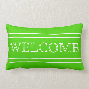 Bright Green and White Stripe Welcome Personalized Lumbar Pillow
