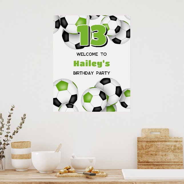 bright green black soccer balls birthday party poster (Kitchen)