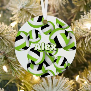 bright green black volleyballs athlete name metal ornament