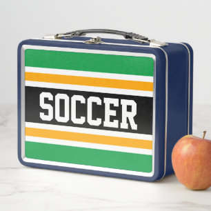 Bright Green Black White Yellow SOCCER Stripes Metal Lunch Box