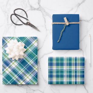Bright Green, Blue & White Plaid Wrapping Paper Sheet