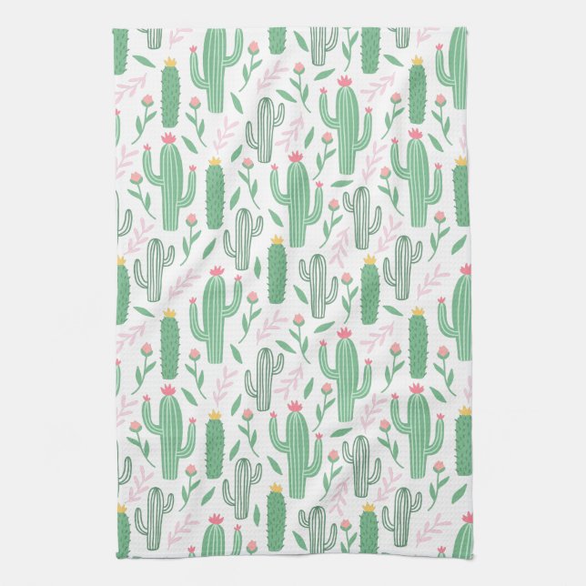 Bright Green Cactus Succulent Blossoms Pattern Kitchen Towel (Vertical)