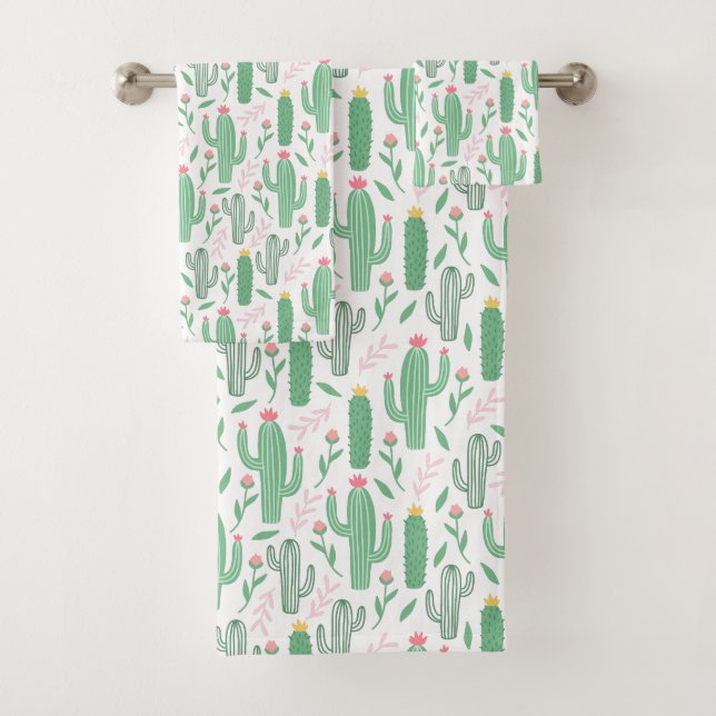 Bright Green Cactus Succulent Pattern Bath Towel Set (Insitu)