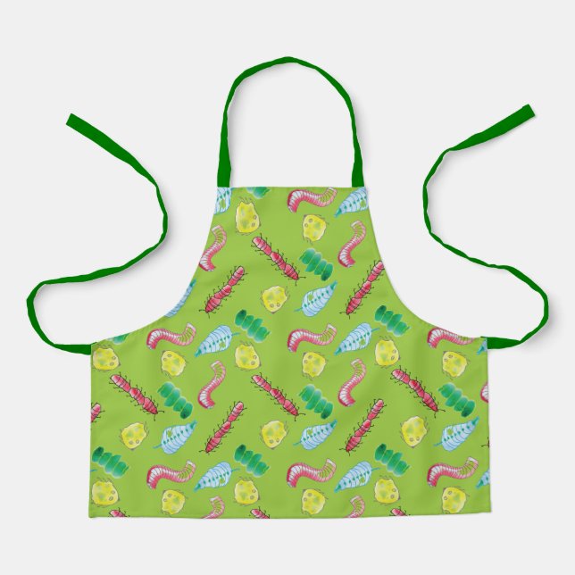 Bright Green Child Apron with Colorful Doodle Bugs (Front)