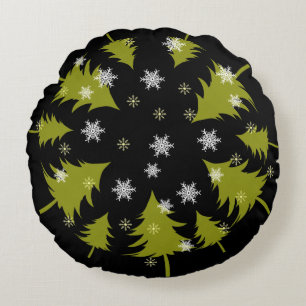 Bright Green Christmas Trees on Black Background Round Pillow