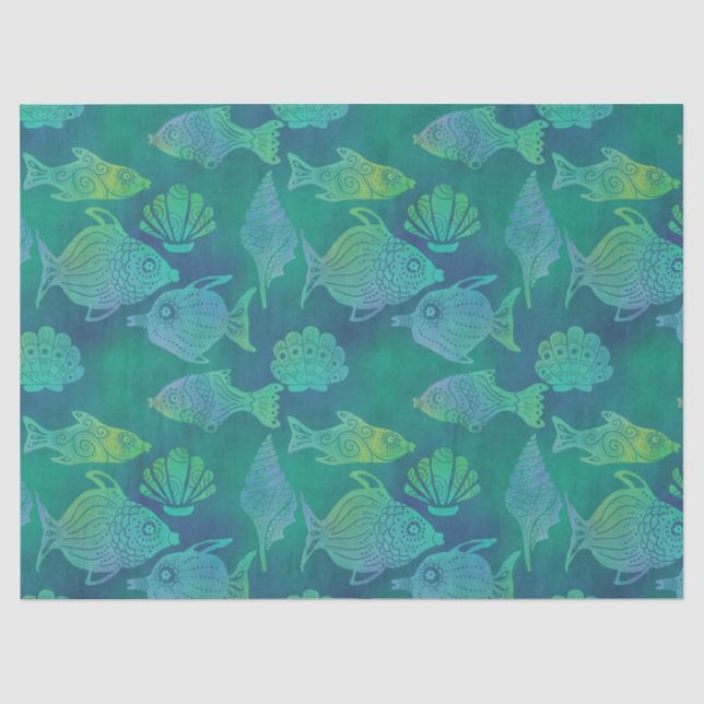 Bright Green Fish and Shell Decoupage  Tissue Paper (Front)