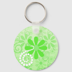 Bright Green Floral Cute Retro Daisy Flowers Keychain
