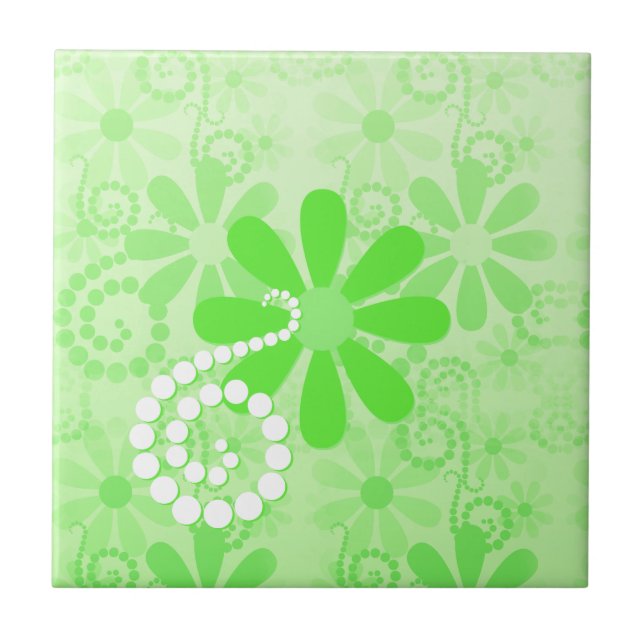 Bright Green Floral Cute Retro Daisy Flowers Tile (Front)