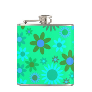 Bright Green Flower Power Pattern Hip Flask
