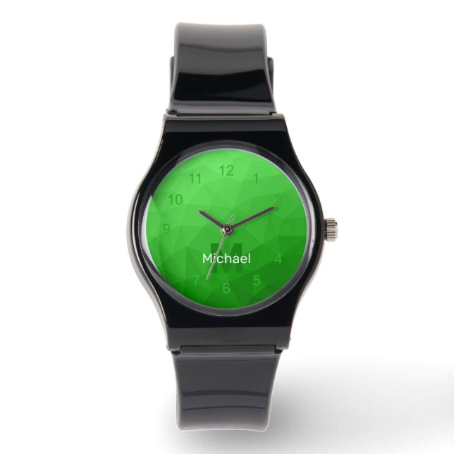 Bright green geometric mesh pattern Monogram Watch (Front)