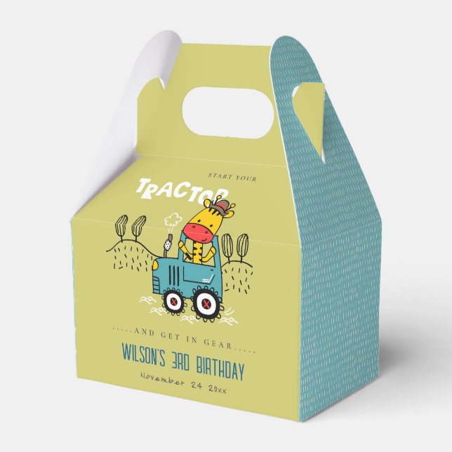 Bright Green Giraffe In Farm Tractor Boys Birthday Favor Box (Front Side)