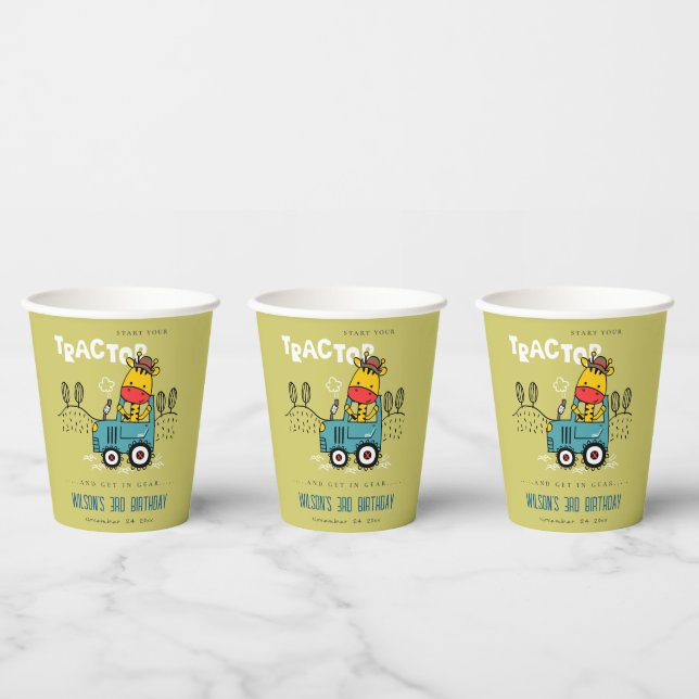 Bright Green Giraffe In Farm Tractor Boys Birthday Paper Cups (Multi)