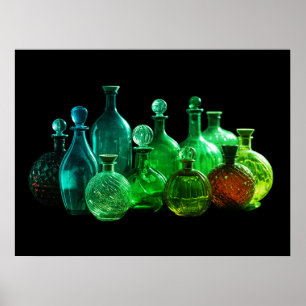 Bright Green Glass Bottles Black Background Wall Poster