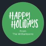 Bright Green Happy Holidays Custom Family Name Classic Round Sticker<br><div class="desc">Send your holiday cheer with a modern touch using these minimalist Happy Holidays round stickers in green. Featuring a clean and simple design, these classic stickers are personalized with your name for a sleek, festive look. Perfect for sealing holiday cards, gift tags, or party favours, these custom stickers add a...</div>