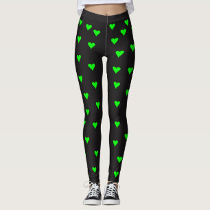 Bright Green Heart Shapes on Black Background Leggings
