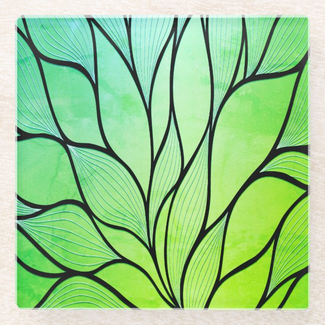 Bright Green Hues Creative Leave Pattern  Glass Coaster (Front)