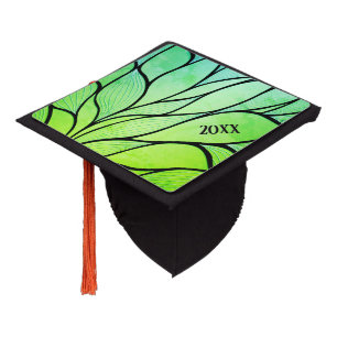 Bright Green Hues Creative Leave Pattern w Year Graduation Cap Topper
