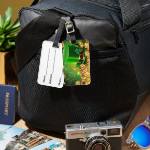 BRIGHT GREEN IRISH TOP HAT AND GOLD COINS LUGGAGE TAG