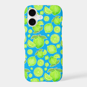Bright Green Limes on Blue Citrus Pattern