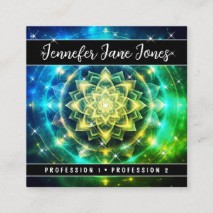 Bright Green Mystic Floral Nebula Glitter Stars Square Business Card