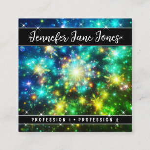 Bright Green Mystic Sky Nebula Glitter Stars Square Business Card