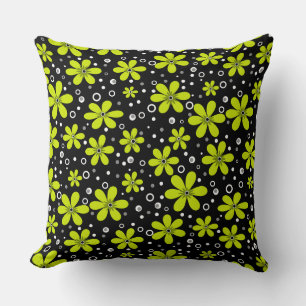 Bright green neon floral pattern on black backgrou throw pillow