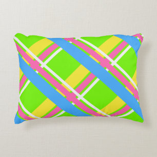 Bright green, pink, yellow, and blue plaid tote accent pillow