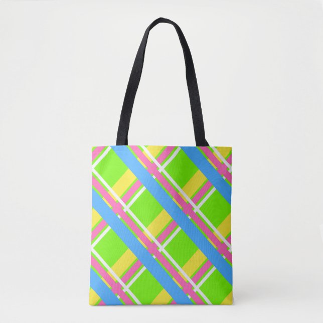 Bright green, pink, yellow, and blue plaid tote bag (Front)