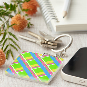 Bright green, pink, yellow, and blue plaid tote keychain