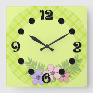 Bright green plaid square wall clock