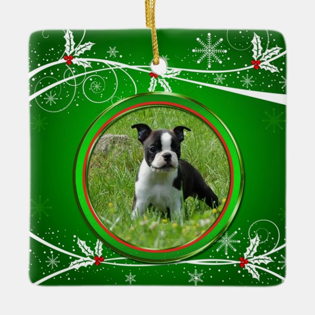Bright Green Red and White Holly Pet Photo Ceramic Ornament (Front)