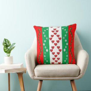 Bright Green Red Christmas Trees Snowflakes Throw Pillow