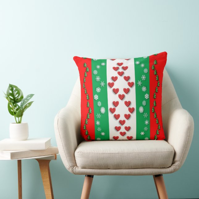 Bright Green Red Christmas Trees Snowflakes Throw Pillow (Chair)