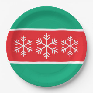 Bright Green Red Stripes White Alpine Snowflakes Paper Plate