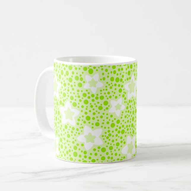 Bright green retro polka dots with floral pattern  coffee mug (Front Left)