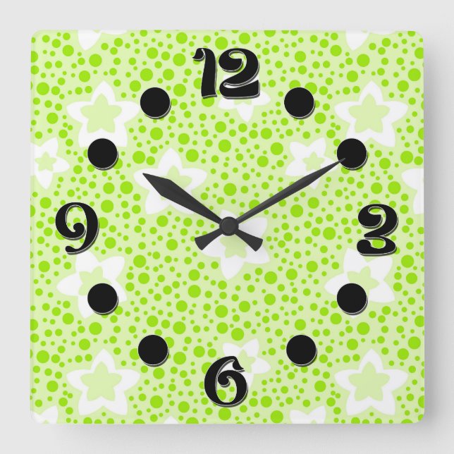Bright green retro polka dots with floral pattern  square wall clock (Front)