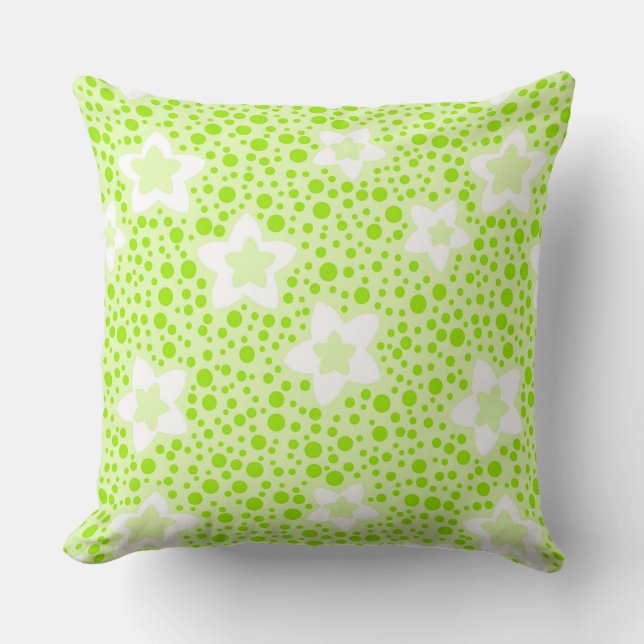 Bright green retro polka dots with floral pattern  throw pillow (Front)