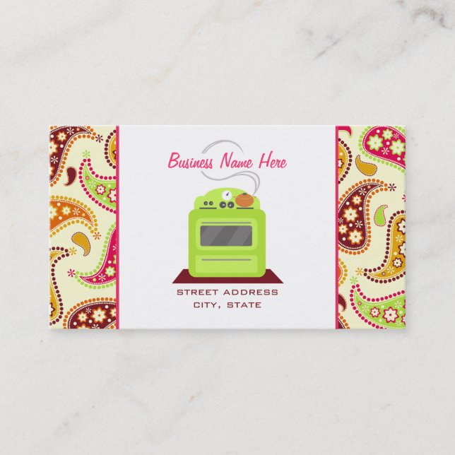 Bright Green Retro Stove Paisley Chef Caterer Business Card (Front)