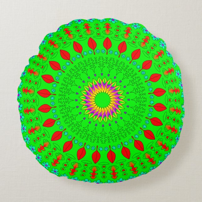 Bright Green Round Bohemian Throw Pillow (Front)