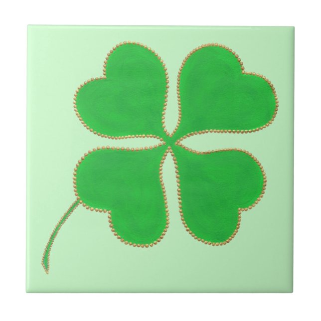 Bright Green Shamrock Trimmed in Gold Dots on tile (Front)
