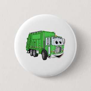 Bright Green Smiling Garbage Truck Cartoon 2 Inch Round Button