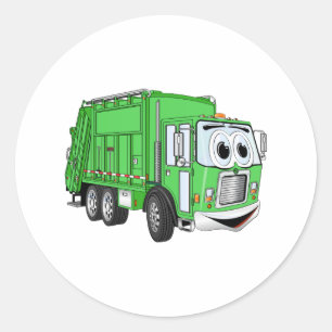 Bright Green Smiling Garbage Truck Cartoon Classic Round Sticker