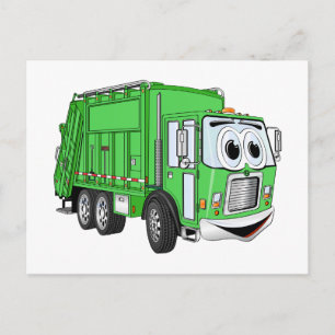 Bright Green Smiling Garbage Truck Cartoon Postcard